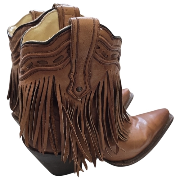 CORRAL Cowgirl Fringe Whip Stitch Short Boot Snip Toe Cognac Leather Women 6.5 - Picture 6 of 12